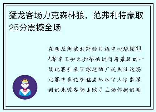 猛龙客场力克森林狼，范弗利特豪取25分震撼全场