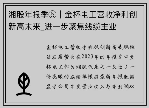 湘股年报季⑤｜金杯电工营收净利创新高未来_进一步聚焦线缆主业