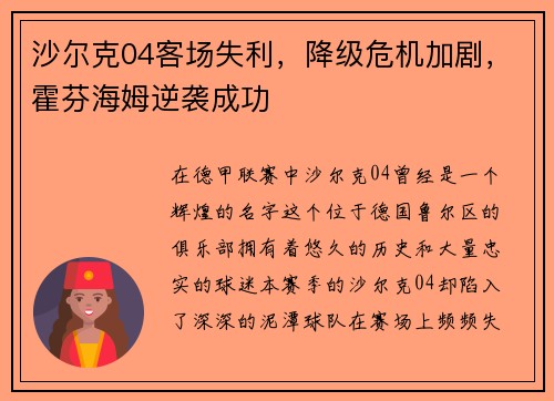 沙尔克04客场失利，降级危机加剧，霍芬海姆逆袭成功