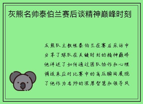 灰熊名帅泰伯兰赛后谈精神巅峰时刻