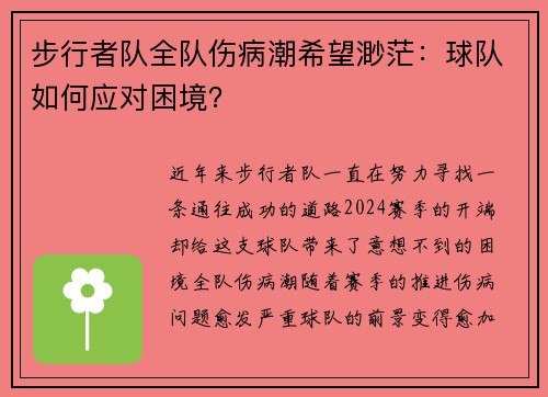 步行者队全队伤病潮希望渺茫：球队如何应对困境？