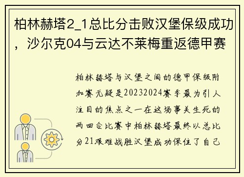 柏林赫塔2_1总比分击败汉堡保级成功，沙尔克04与云达不莱梅重返德甲赛场