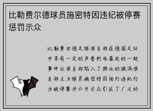 比勒费尔德球员施密特因违纪被停赛惩罚示众